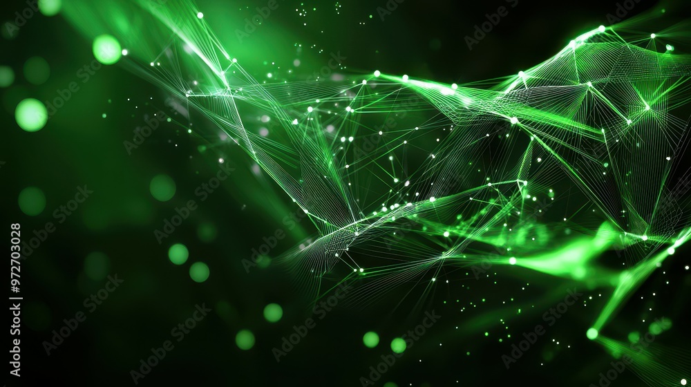 Poster abstract green digital wave with glowing particles and interconnected lines.