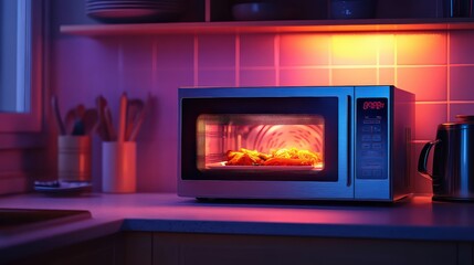 Obraz premium Microwave heating food in a dimly lit kitchen, with warm, vibrant light creating a cozy atmosphere. Perfect for quick and easy meal preparations.