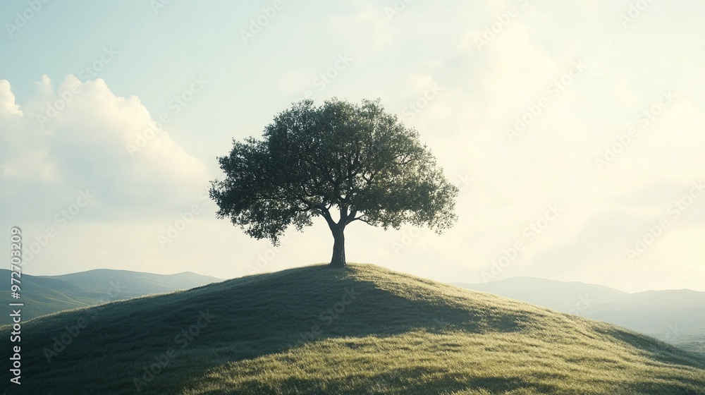 Aufkleber minimalist shot of a single tree on a hill, with soft light and gentle shadows creating a serene, ti