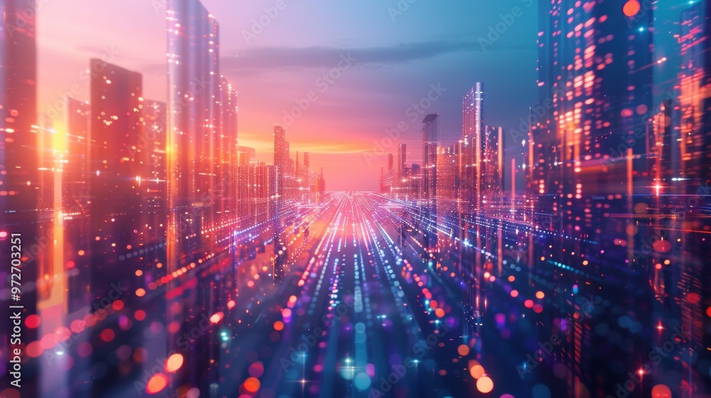 Poster abstract speed light flow through the city with gradient and aesthetic intricate lighting design ,sm