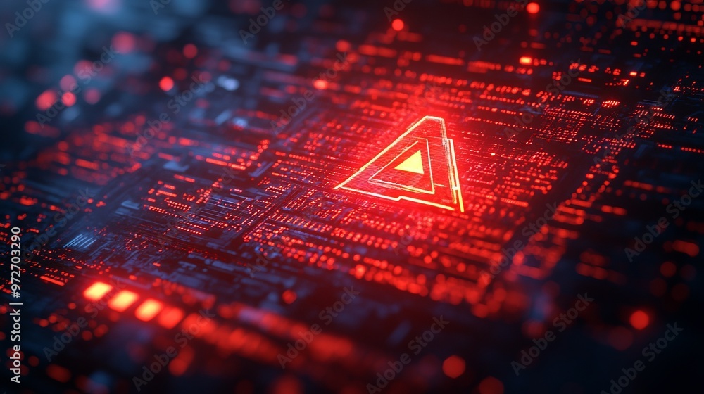 Poster red alert sign hologram and digital cybersecurity icons and password