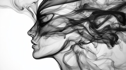 Fototapeta premium A black and white photograph of a woman's face with smoke coming out, AI