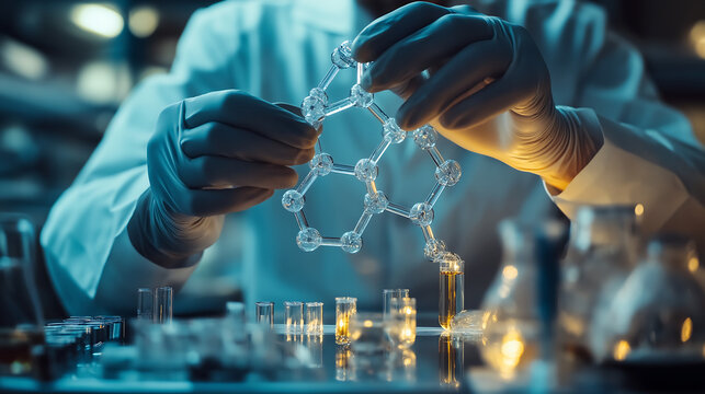 Scientist assembling molecular structure in laboratory using glass atoms for nanotechnology research and innovation in chemistry and advanced materials science with precision