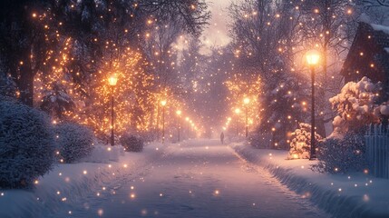 Evening walk along a snowy street, with glowing streetlights and softly falling snow creating a serene winter scene. 4K hyperrealistic photo.