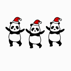 Fototapeta premium Three joyful pandas wearing red Christmas hats dancing together with happy expressions against a plain background 