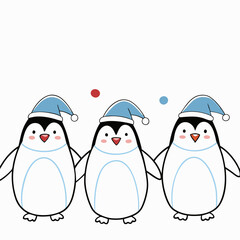 Fototapeta premium Three cute penguins with happy expressions wearing blue Christmas hats standing together against a plain background 