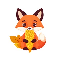 Obraz premium Cute Cartoon Fox Holding Corncob with Autumn Leaves