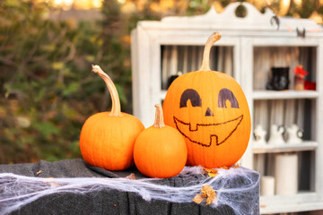 Halloween orange pumpkin head jack lantern. Halloween design decor home. Carved spooky smile jack o...