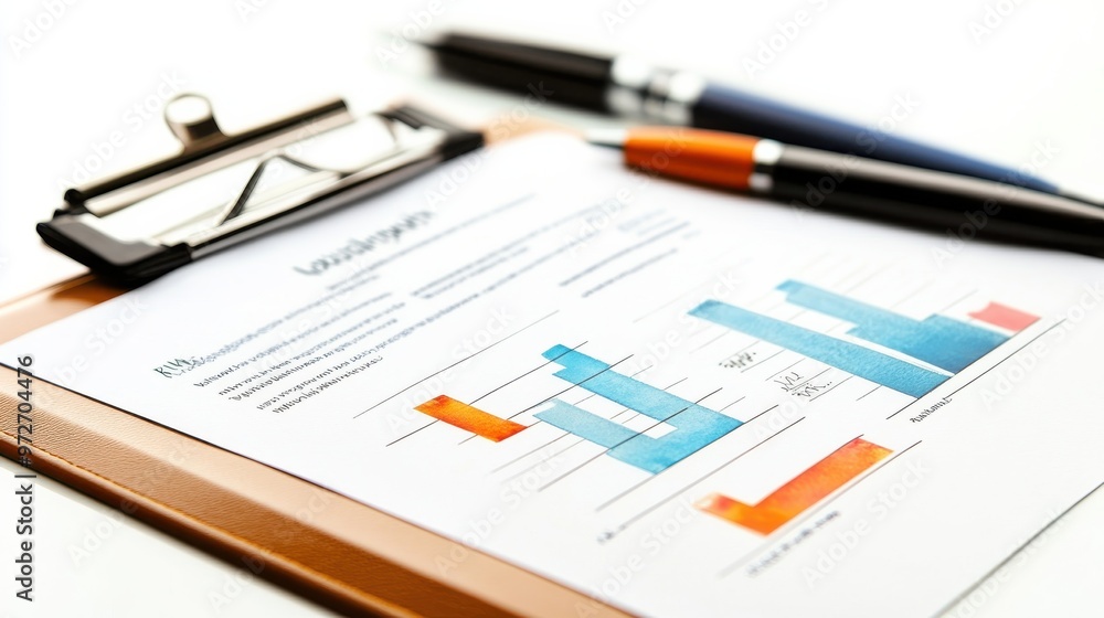 Leinwandbilder Analyzing marketing performance data with colorful graphs on a clipboard in a workspace setting
