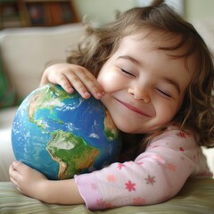Happy Little Girl Embracing a Globe with Closed Eyes, Representing Love for Planet Earth