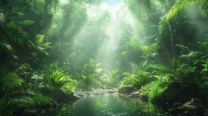 Obraz premium Lush jungle scene with sunlight filtering through dense foliage.