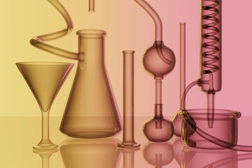 Flasks and equipment on the background of a medical scientific laboratory for the presentation of cosmetics. 3D rendering on a yellow-pink background.