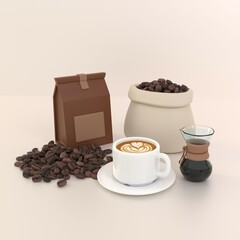 White cup on saucer and coffee pot with coffee beans scattered nearby against background of coffee packaging and filled bag of coffee beans. 3D render on white background.

