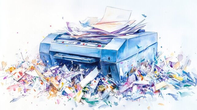 A chaotic printer amid a mess of colorful papers and documents at a busy office during the workday