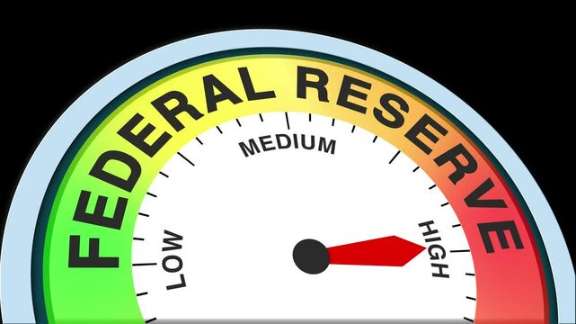 Federal Reserve Level Text or Word Low and Medium to High Meter Concept Animation on Black Background and Blue Screen