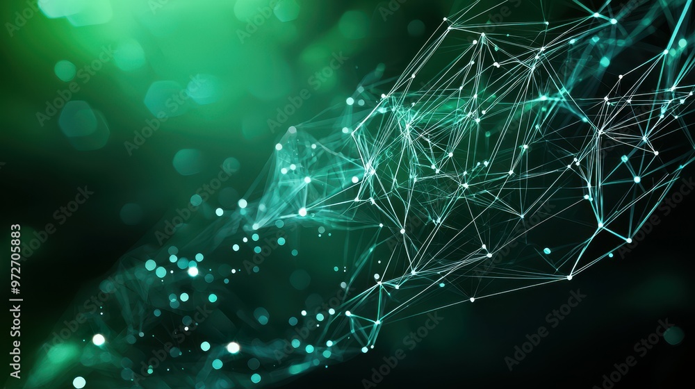 Poster abstract green network of lines and dots creating a digital atmosphere.