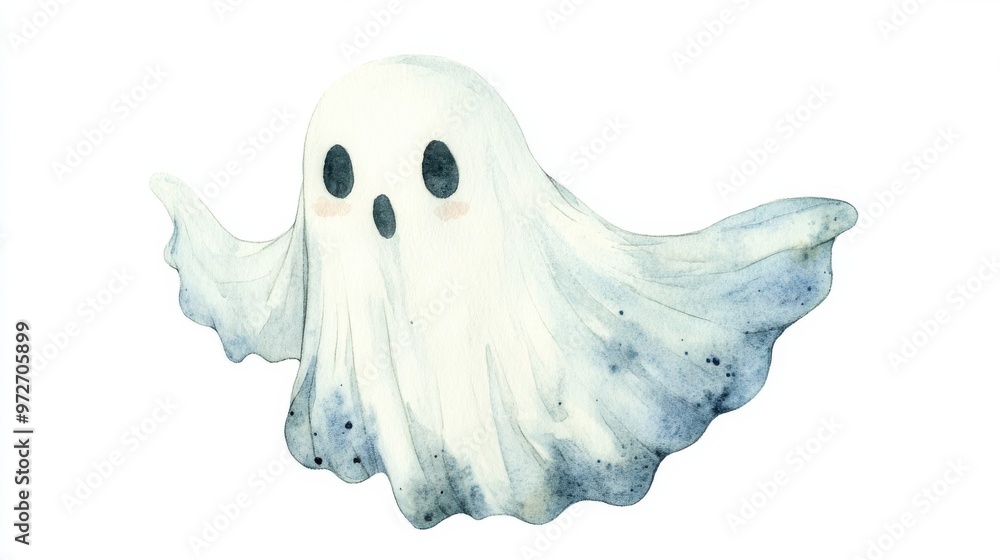 Poster cute cartoon ghost floating with a friendly expression in a playful, whimsical style perfect for hal