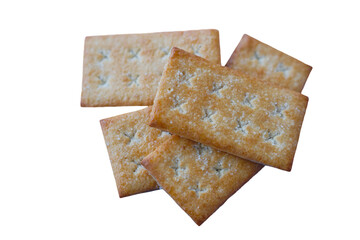 Crispy biscuits crackers on white background. Concept, bake bakery. Snack sweet food with high calorie and carbohydrate but delicious to eat with coffee or other beverages.   