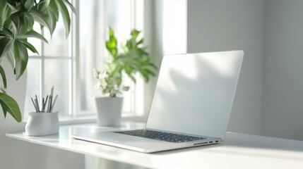 A silver laptop on a clean, white desk, with reflections of natural light from a nearby window