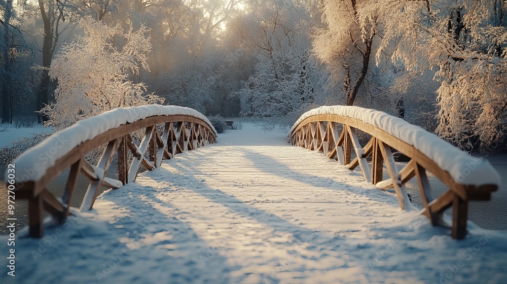 Aufkleber snow-covered bridge in a winter park, with a layer of frost on the railings and trees covered in sno