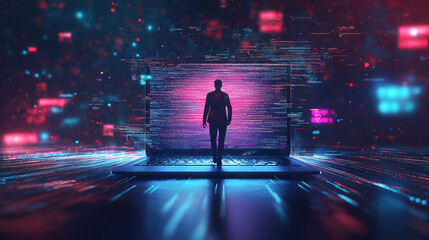 Silhouette of man entering a digital world through laptop screen with glowing data and coding matrix representing futuristic technology virtual reality programming and artificial intelligence