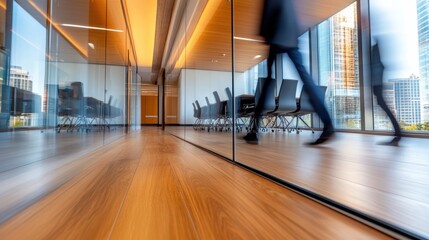 A blurry image of a person walking through an office building, AI