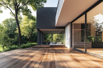 In a garden with a modern luxury porch, there is a comfy sofa bed on the terrace