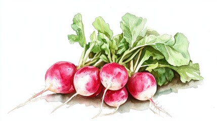 Freshly harvested radishes with green leaves on a white background showcasing their vibrant colors in a simple layout