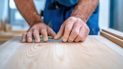 A man using a sanding block to smooth out the wood, AI