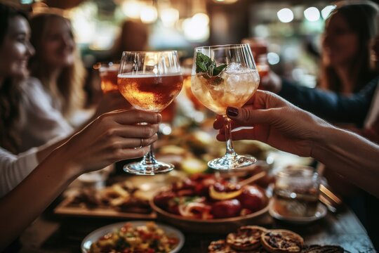 Friends toasting cocktails at a trendy bar, close-up of hands holding colorful drinks