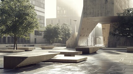Brutalist public plaza with blocky, rough-hewn concrete benches and stark, angular fountains, surrounded by imposing buildings. 4K hyperrealistic photo.