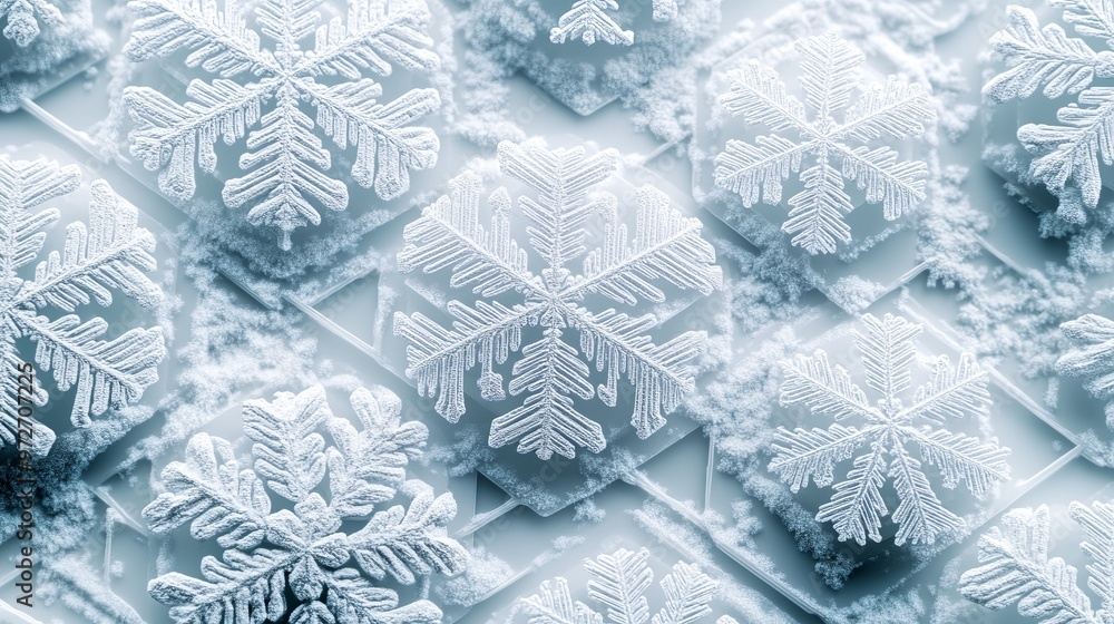 Poster snowflakes arranged in a perfect hexagonal grid, each flake detailed with sharp, geometric precision