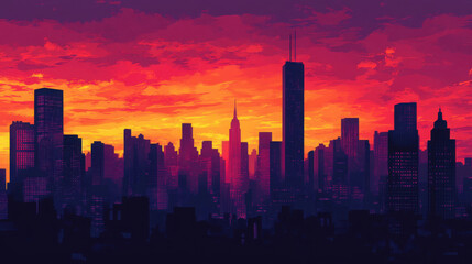 Fototapeta premium A city skyline at sunset, with skyscrapers silhouetted against a sky painted in deep shades of red, orange, and purple.