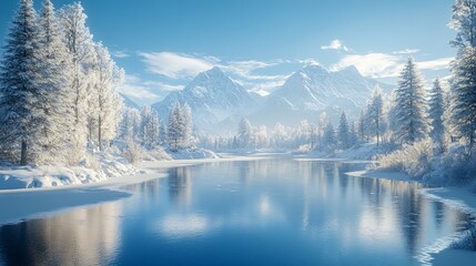 Frozen lake surrounded by snow-covered trees, with the icy surface reflecting the clear blue sky and distant mountains. 4K hyperrealistic photo.