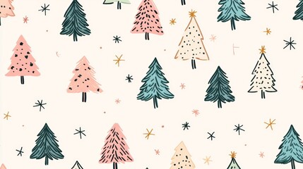 Cute Christmas Tree Doodle Pattern with Simple Festive Snowflake and Star Motifs