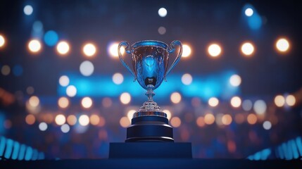 A silver trophy standing proudly on a podium, surrounded by lights and a cheering crowd in the background