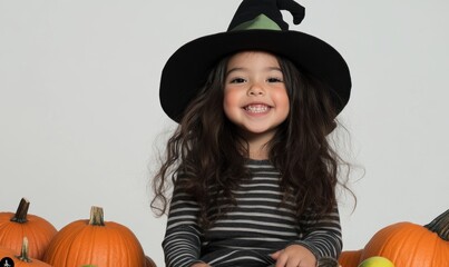 Isolated witch in hat with pumpkins and broom
