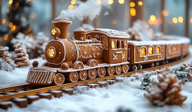 Gingerbread Train with Christmas Decorations on Snowy Railway - AI generated illustration