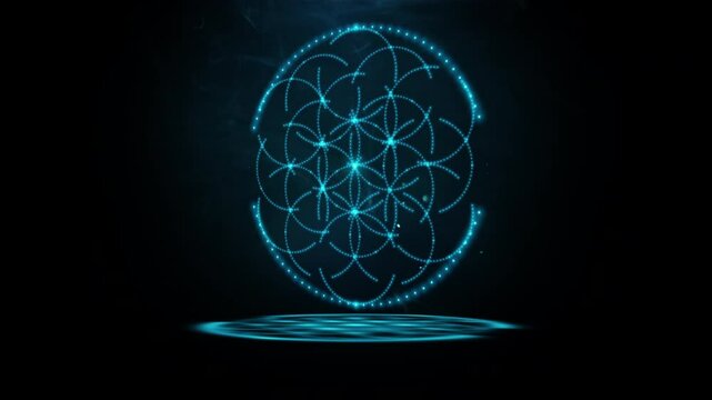 Glowing neon Flower of life made up of many small blue flashing dots, lights spinning in smoke and flying dust in the dark. Sacred geometry. 4k 3d looped animation.