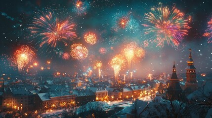 Naklejka premium New Yearâ€™s Eve fireworks display over a snowy city, with colorful explosions lighting up the sky and buildings below. 4K hyperrealistic photo.
