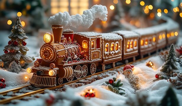Gingerbread Train with Christmas Decorations on Snowy Railway - AI generated illustration