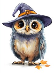 Fototapeta premium Cute Owl Wearing Witch Hat for Halloween