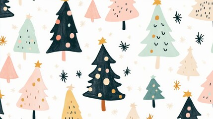 Cute Christmas Tree Doodle Pattern with Simple Festive Elements