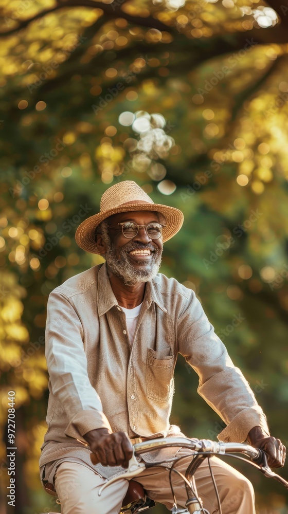 Poster a man in a hat and glasses is smiling while riding a bicycle