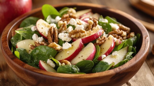 A fresh and crisp apple and spinach salad with walnuts, feta cheese, and a balsamic - Powered by Adobe