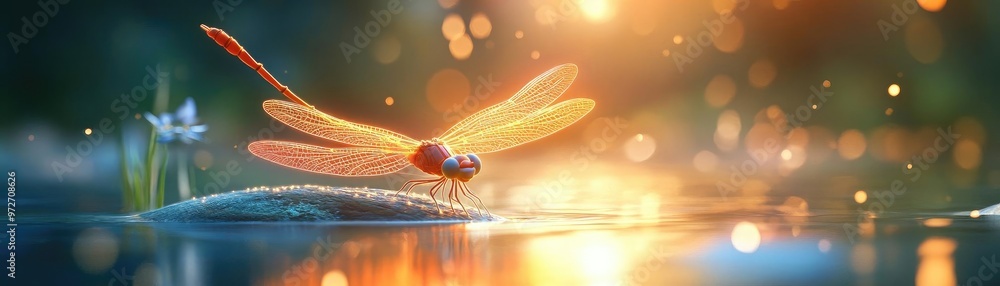 Poster a stunning dragonfly rests on a tranquil surface, illuminated by soft light, creating a serene atmos