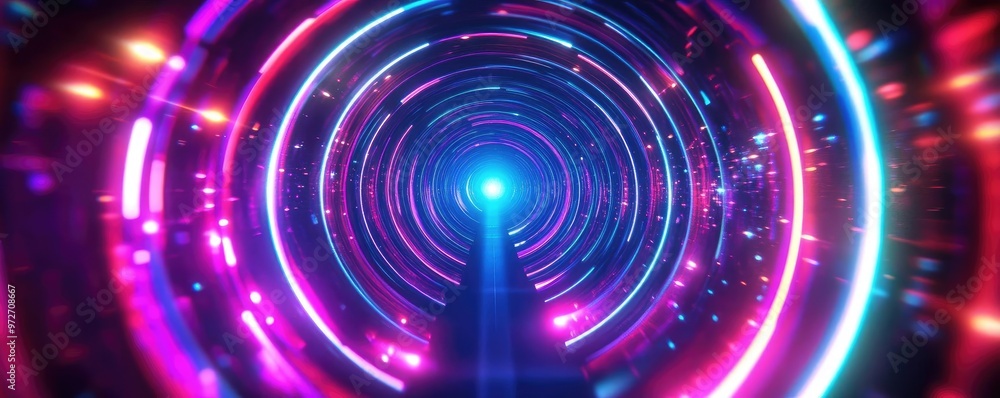 Poster a vibrant, futuristic tunnel filled with colorful lights, creating an immersive and dynamic visual e