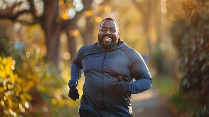 Obraz premium A man is running in a forest with a big smile on his face