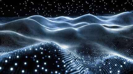 Obraz premium A stunning visual of glowing waves with sparkling dots under a starry night sky, evoking a sense of wonder and tranquility.