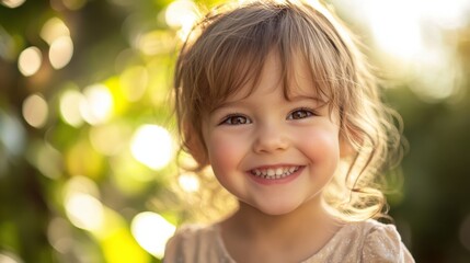Fototapeta premium Joyful girl with curly hair smiles brightly against a blurred green background during a sunny afternoon